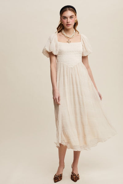 Smocked Puff Sleeve Midi Dress