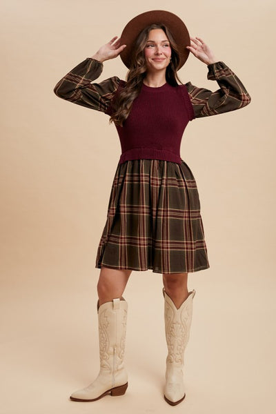 Plaid Contrast Rib Sweater Dress